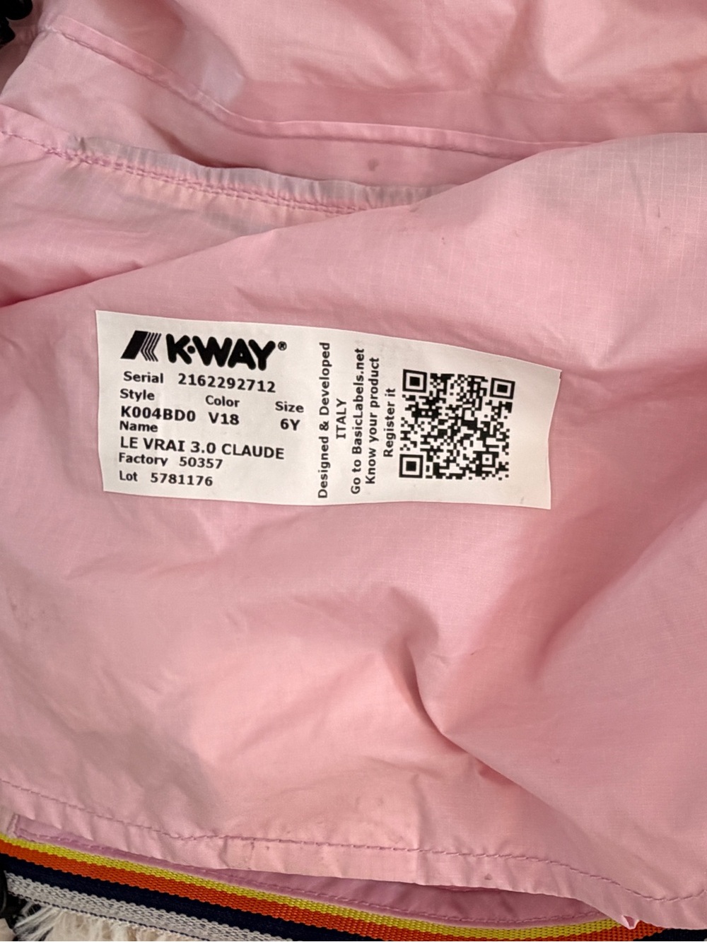 K-Way Le Vrai 3.0 Claude Pink Packable Rain Jacket Girls Size 6Y - Picture 3 of 6